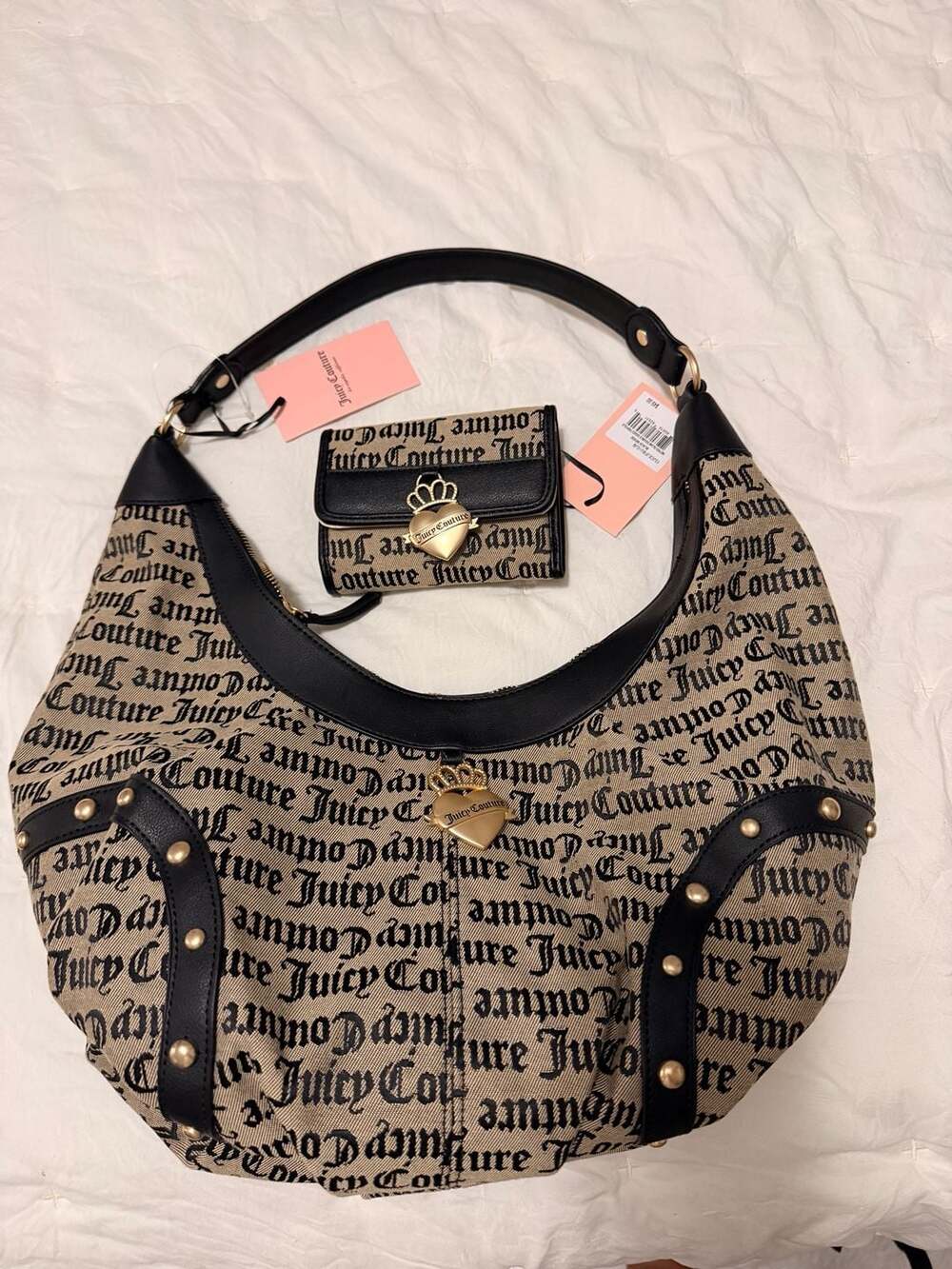 Set 2 Juicy Couture Retro Glam Hobo Bag Black Beige + Wallet